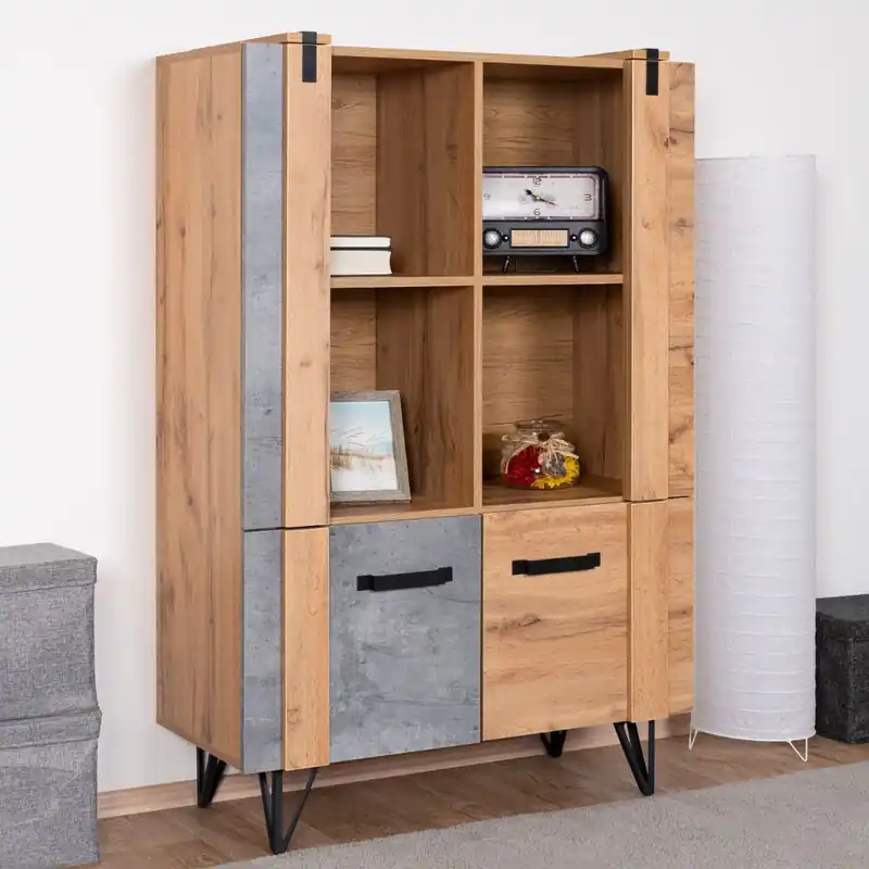 Highboard Atule 04, Farbe: Eiche / Grau - Abmessungen: 137 x 90 x 42 cm (H x B x T) Schnäppchen