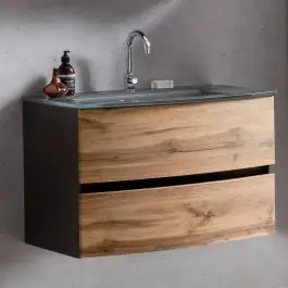 Waschbeckenunterschrank Kornel 80cm grau Waschbecken - graphitgrau/eiche Neu