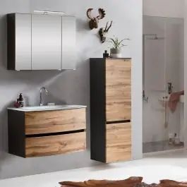 Badkombination Kornel 3 mit weißem Waschbecken - Graphitgrau/Eiche Echt