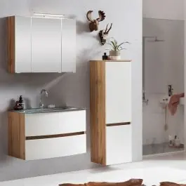 Solange Der Vorrat Reicht Badkombination Kornel 4 3-teilig mit grauem Waschbecken - Eiche/Mattweiß