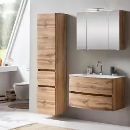 Billig Badkombination Kornel 5 3-teilig mit weißem Waschbecken - Eiche