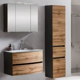 Solange Der Vorrat Reicht Badkombination Kornel 5 3-teilig mit weißem Waschbecken - Graphitgrau/Eiche