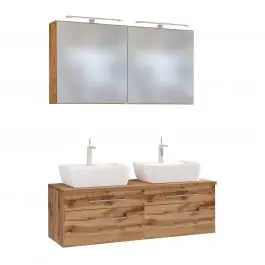 Doppelwaschtischunterschrank mit Spiegelschrank Dasa 120cm 4 Schubladen - Eiche wotan Günstig