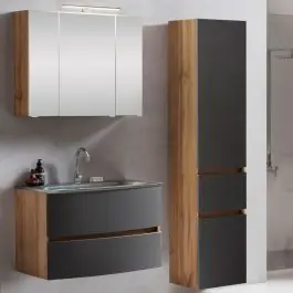 Badkombination Kornel 5 3-teilig mit grauem Waschbecken - Eiche/mattgrau Preis Gesenkt