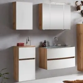 Kostenloser Versand Badkombination Kornel 8 4-teilig mit grauem Waschbecken - Eiche/Mattweiß