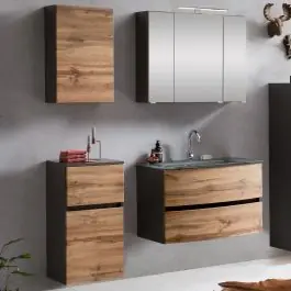 Preisknaller Badkombination Kornel 8 4-teilig mit grauem Waschbecken - Graphitgrau/Eiche