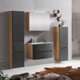 Knallerangebot Badkombination Kornel 9 4-teilig mit weißem Waschbecken - Eiche/mattgrau