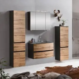 Preisknaller Badkombination Kornel 10 4-teilig mit grauem Waschbecken - Graphitgrau/Eiche