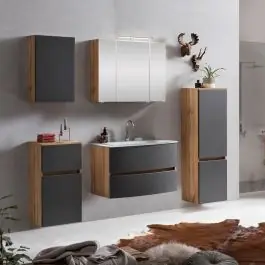 Expressversand Badkombination Kornel 11 5-teilig mit weißem Waschbecken - Eiche/mattgrau