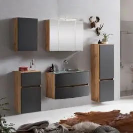Badkombination Kornel 12 5-teilig mit grauem Waschbecken - Eiche/mattgrau Preisknaller