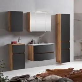 Badkombination Kornel 13 5-teilig mit weißem Waschbecken - Eiche/mattgrau Meistverkauft