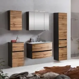 Mega-Angebot Badkombination Kornel 13 5-teilig mit weißem Waschbecken - Graphitgrau/Eiche