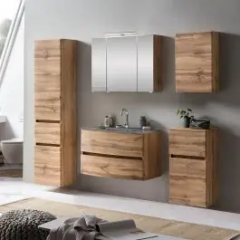 Badkombination Kornel 14 5-teilig mit grauem Waschbecken - Eiche Abverkauf