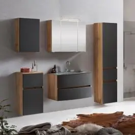 Badkombination Kornel 14 5-teilig mit grauem Waschbecken - Eiche/mattgrau Abverkauf