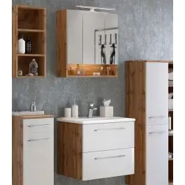 Billig Badkombination Sefa 1 mit Waschbecken und Spiegelschrank - Eiche/Weiß