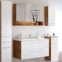 Badkombination Sefa 2 mit Waschbecken und Spiegelschrank - Eiche/Weiß Preis Gesenkt