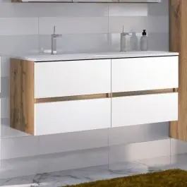 Neu Waschbeckenschrank Luna 120cm mit Doppelwaschbecken und 4 Schubladen - Eiche/Weiß