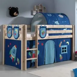 Bestseller Halbhochbett Charlotte mit Schlafzelt, Tunnel und Aufbewahrungstaschen Astro - Kieferholz