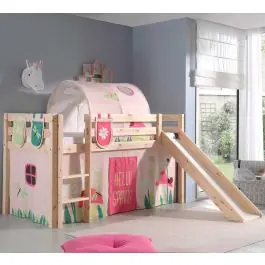 Halbhochbett mit Rutsche Astrid mit Schlafzelt, Tunnel und Aufbewahrungstaschen Frühling - Kieferholz Schnäppchen
