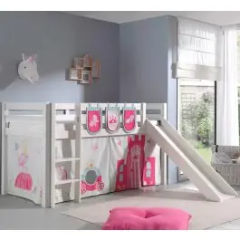 Halbhochbett mit Rutsche Astrid mit Bettzelt und Stautaschen Princess II - weiß Neu Im Sortiment