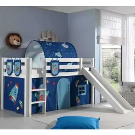 Halbhochbett mit Rutsche Astrid mit Schlafzelt, Tunnel und Stautaschen Astro - weiß Schneller Versand