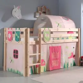 Halbhochbett Charlotte mit Schlafzelt, Tunnel und Aufbewahrungstaschen Spring - Kieferholz Preisknaller