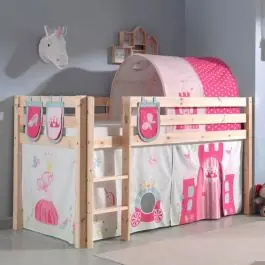 Halbhochbett Charlotte mit Schlafzelt, Tunnel und Aufbewahrungstaschen Princess II - Kieferholz Preisreduziert