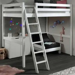 Hochbett Claire 140x200 mit Kommode Charlotte und Sitzbett Lena - weiß Highlight