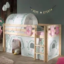 Top-Seller Halbhochbett Charlotte mit Schlafzelt, Tunnel und Aufbewahrungstaschen Birdy - Kieferholz