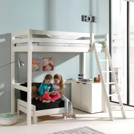 Hochbett Claire 90x200 mit Kommode Charlotte und Sitzbett Lena - weiß Neu