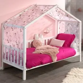 Hausbett Dallas 2 90x200 mit Bettkasten und Voile mit Schmetterlingsmuster - weiß/rosa Top-Preis