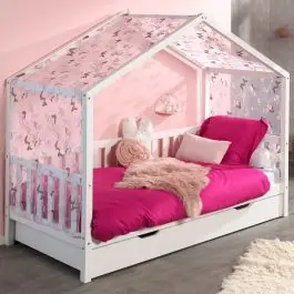 Hausbett Dallas 2 90x200 mit Bettkasten und Voile mit Schmetterlingsmuster - weiß/rosa Begrenztes Angebot