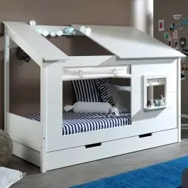 Hausbett Lio 90x200 mit Bettkasten und Vorhängen - weiß Kracherpreis