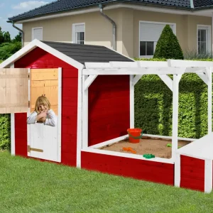 Abverkauf Tabaluga Spielplatz, rot/weiss, 21 mm, bestehend aus Drachenhöhle, Sandkasten, Pergola und Schatztruhe mit Deckel