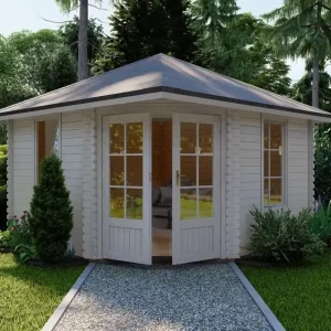 5-Eck Gartenhaus Norwegen 27 – Blockbohlen-Gartenhaus in Eckbauweise Direktkauf