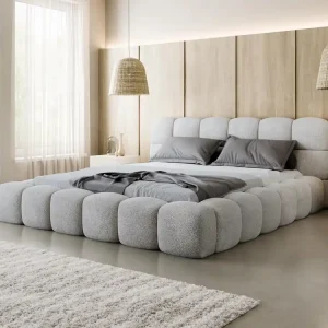 Top-Preis Hellgrau Boucle Designerbett mit Holzrahmen 180x200 BIZU