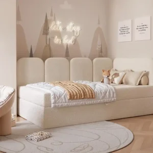 Garantierte Lieferung Kinderbett Natural Beige Boucle mit Bettkasten DREAMY