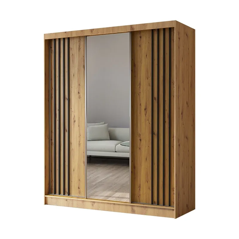 Begrenztes Angebot Kleiderschrank mit Spiegel und Lamellen MALTA Eiche+schwarz