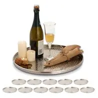 Serviertablett Deko Tablett 12-teilig Metall ø 40 cm rund silber Kerzentablett Billig
