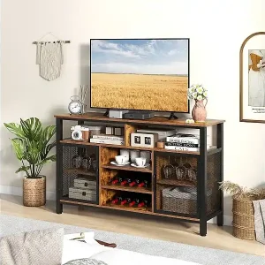 Knallerangebot Sideboard mit 2 Metallgittertüren & Offenen Fächern & Weinregalen & Weinglashaltern Braun