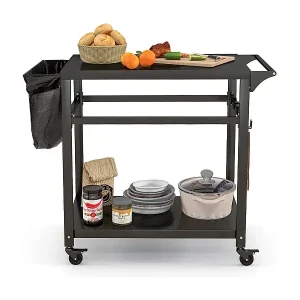 Grillwagen für den Außenbereich mit zwei Regalen 4 feststellbaren Rädern & Seitengriff Schwarz Neu