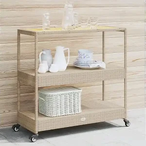 Ausverkauf Barwagen 3 Böden Beige Poly Rattan und Massivholz Akazie