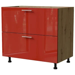 Zertifiziert SCHUBLADENUNTERSCHRANK Brerra D2R/90 Korpus eiche artisan / Front RAL 3002 karminrot Hochglanz 90 / 50 / 82cm