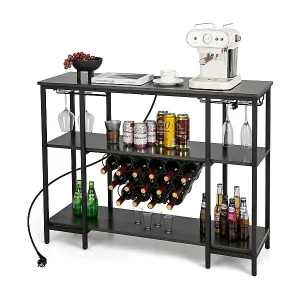 Weinregal mit Glashalter & Regalen, 3 Ebenen Flaschenregal mit Steckdosen, für 15 Weinflaschen,Weinschrank für Zuhause, Küche, Bar, 113 x 35 x 85 cm(Grau) VH33364 Super-Preis