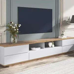 Zeitgenössischer skandinavischer TV-Schrank 180 cm aus Holz – 5 Türen + 8 Fächer – Natur und Weiß Nur Heute