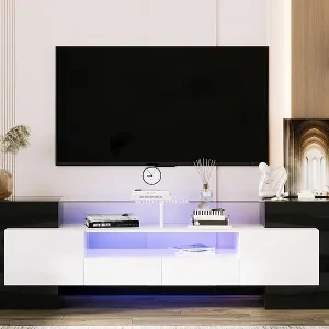 2 m langer TV-Schrank aus Holz mit 2 Schubladen und 2 offenen Regalen – Schwarz und Weiß Neu