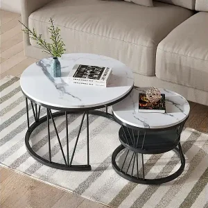 2er-Set runder Couchtisch aus Marmor – modernes Furnier, Beistelltisch für Wohnzimmer und Büro, schwarz Expressversand