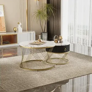 2er Set Couchtische, elegant stapelbar, Beistelltisch mit Dekor in Goldmarmor-Optik mit Schublade, 70x70x45cm+50x50x40cm, weiß Beliebt