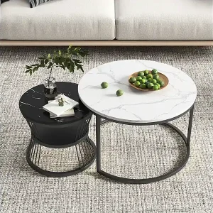 2er Set Moderne runde Couchtische - Kaffeetisch - Wohnzimmertisch - Metallgestell - Marmorfurnier - Beistelltisch - Für Wohnzimmer, Empfangsraum, Balkon und Büro Wochenendangebot
