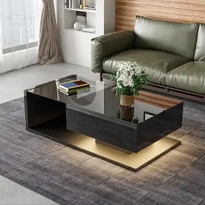 Couchtisch glänzend - 105 x 55 x 32,5 cm - Beistelltische mit Glas + LEDs + 1 Schublade - Spanplatte - Schwarz Expressversand